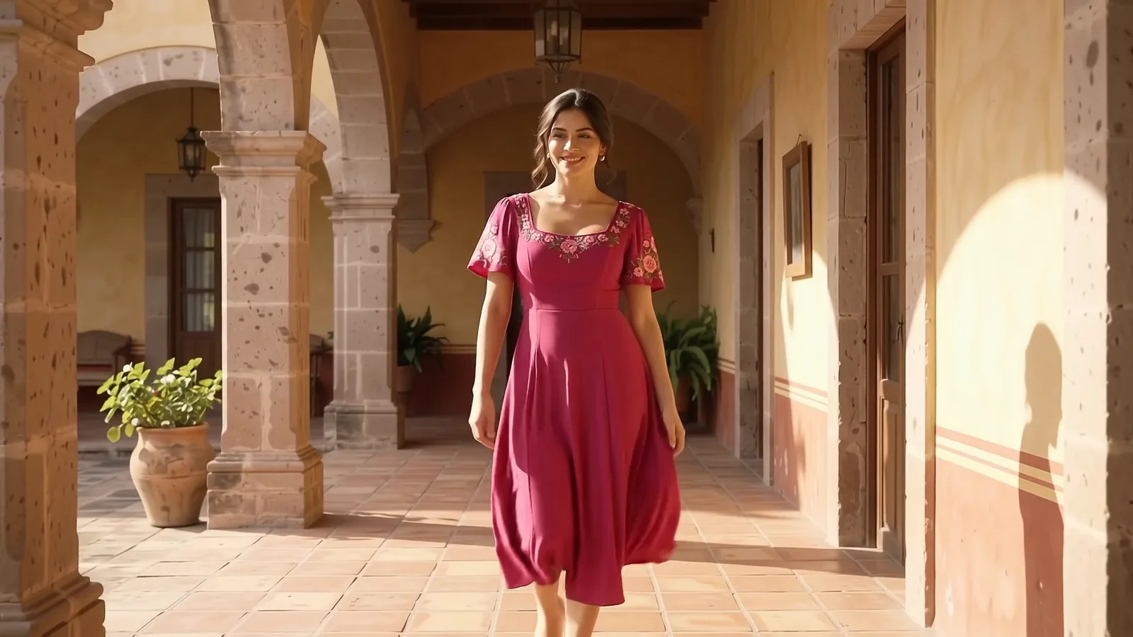Modelo con vestido magenta bordado en un patio de piedra